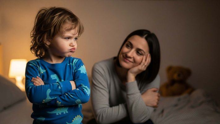 Pijamalarını giymiş, kollarını kavuşturmuş ama sevimli bir şekilde inatlaşan bir çocuğun fotoğrafı. Arka planda, biraz yorgun ama şefkatle gülümseyen bir ebeveyn