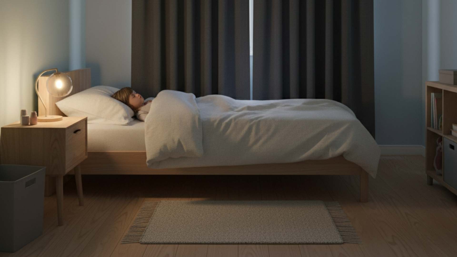 Karartma perdeleri çekilmiş, sadece loş bir gece lambasının yandığı, uykuya hazır, sakin bir çocuk odası fotoğrafı.