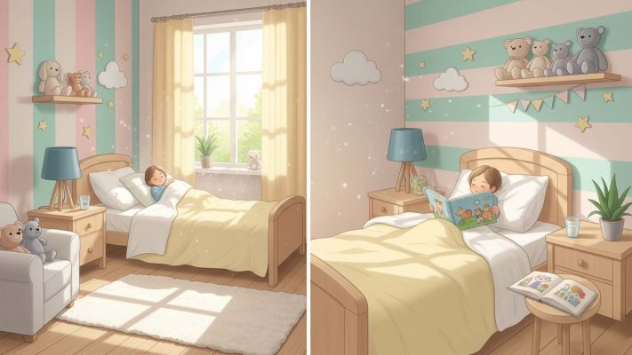 Cinsiyet ayrımı gözetmeyen (gender-neutral), pastel tonlarda, aydınlık ve düzenli bir çocuk odası fotoğrafı. Odadaki yatakta, bir çocuk huzurla uyuyor veya sessizce bir kitap okuyor .