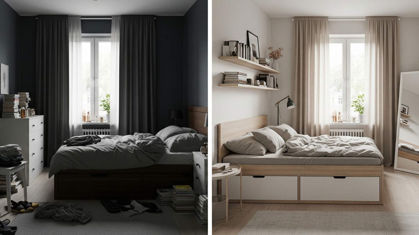 Aynı küçük yatak odasının iki farklı halini yan yana gösteren bir görsel.