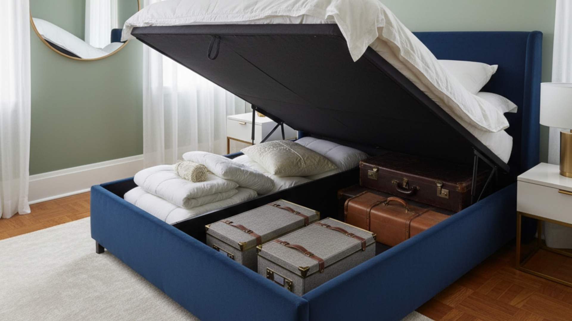 Şık bir şekilde dekore edilmiş küçük bir yatak odasında, sandıklı bazanın kapağının açık olduğu bir fotoğraf.