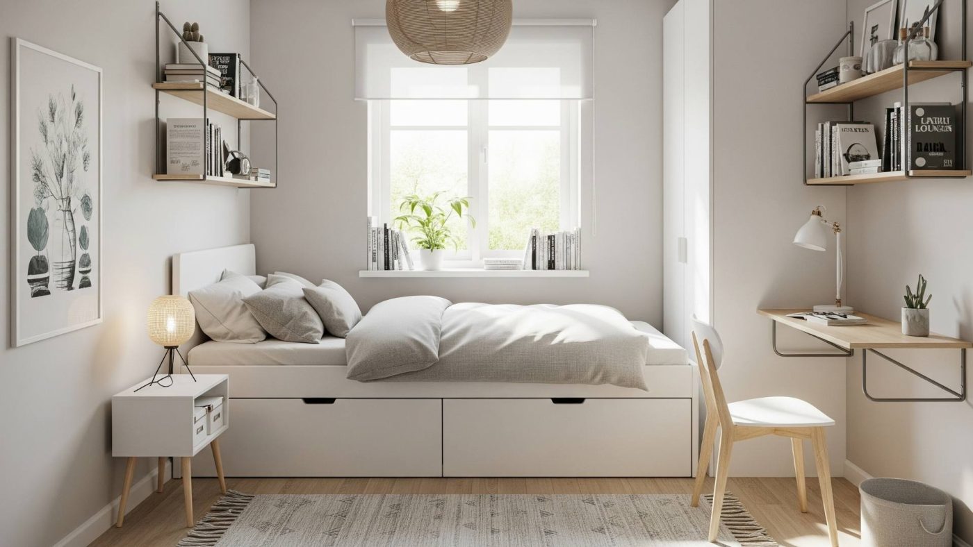 Akıllıca tasarlanmış, aydınlık ve derli toplu küçük bir yatak odası fotoğrafı.
