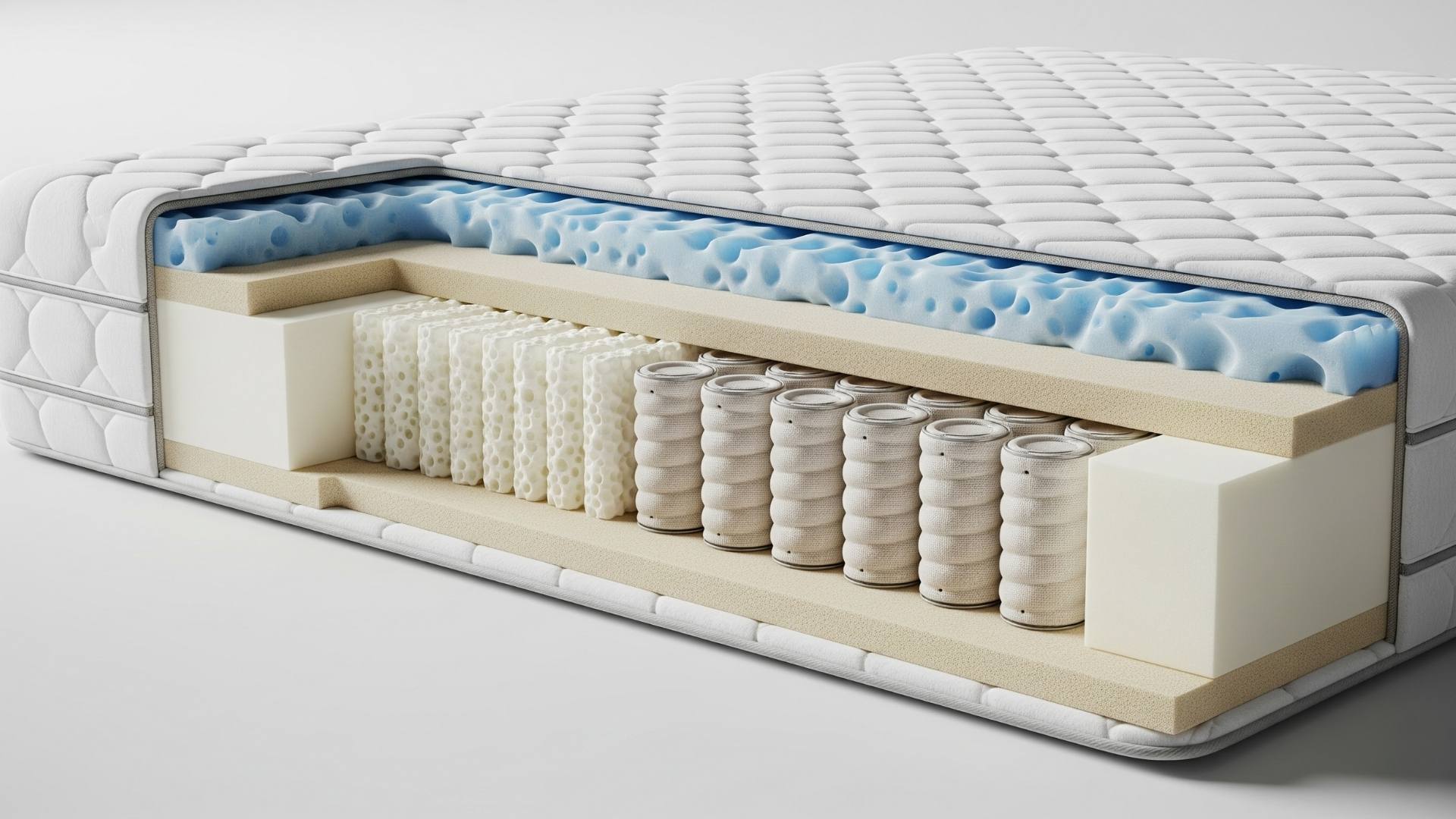  Tek kişilik bir yatağın kesitini gösteren bir ürün fotoğrafı. Yatağın içindeki paket yay, ortopedik sünger veya visco katmanları görünüyor.