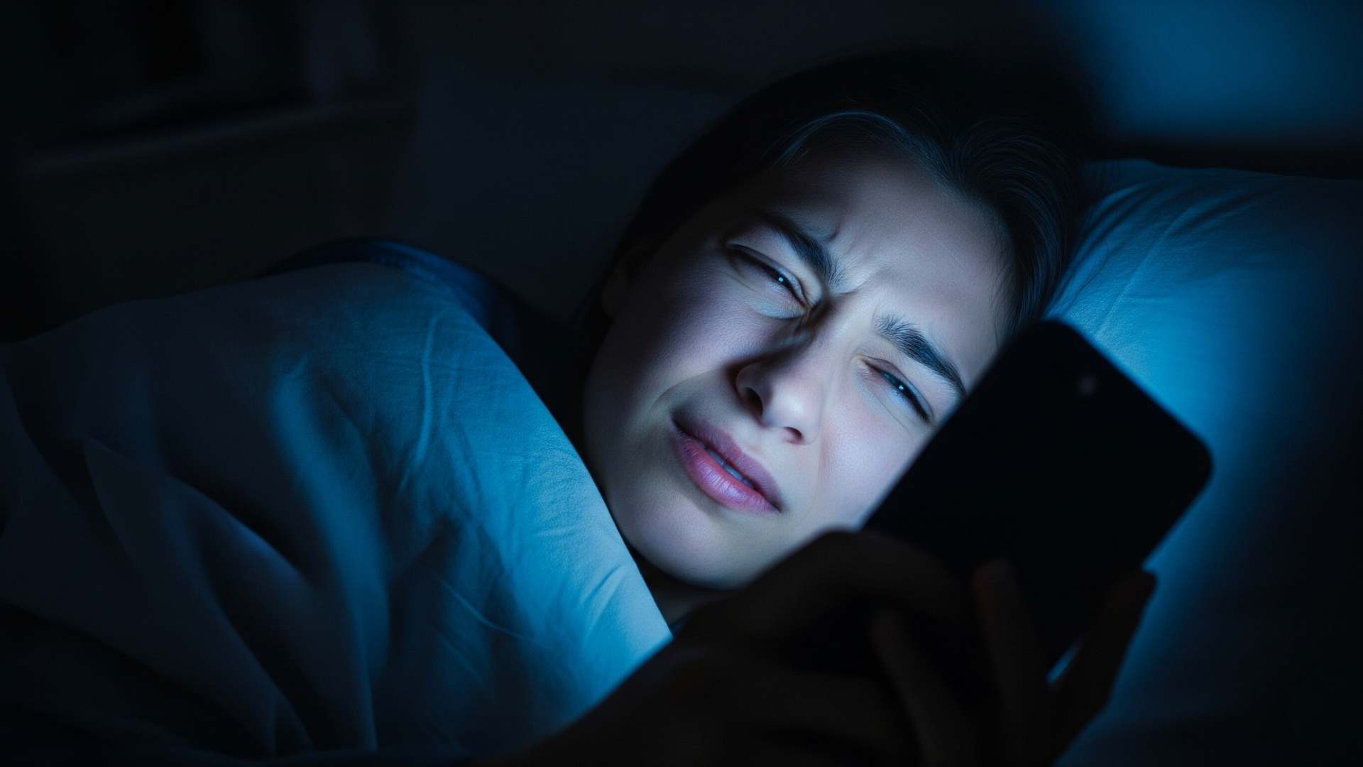 Yatmadan önce telefonuna bakan bir kişinin yüzüne vuran mavi ışığın rahatsız ediciliğini ve bu alışkanlığın uyku kalitesine olumsuz etkisini gösteren bir fotoğraf.