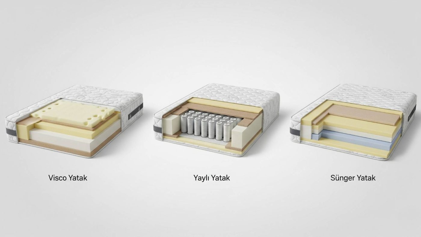 Farklı yatak kesitlerinin (visco, yaylı, sünger katmanları) yan yana veya bir kolaj halinde gösterildiği, temiz ve aydınlık bir kompozisyon.
