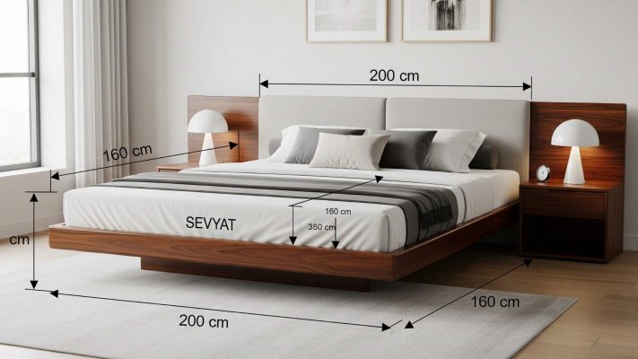 Bir yatak odasında, yatağın boyutlarını gösteren şematik ölçü çizgileriyle birlikte şık bir Sevyat yatağı.