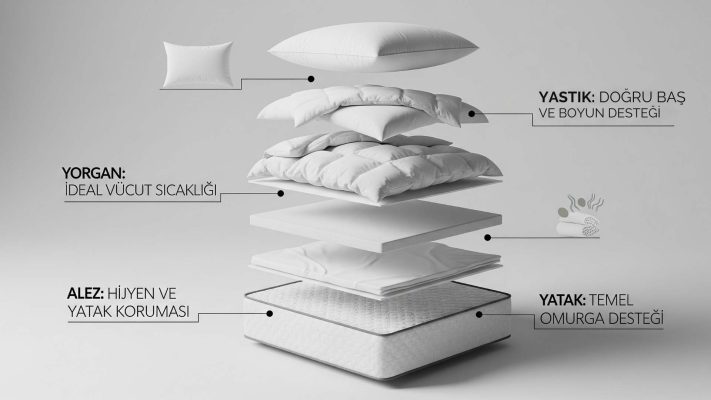 Yatağın katmanlarının "ayrıştırıldığı" (exploded view) şık bir infografik. En altta yatak, onun üzerinde alez, sonra çarşaf, yorgan ve en üstte yastık olacak şekilde her bir katman.