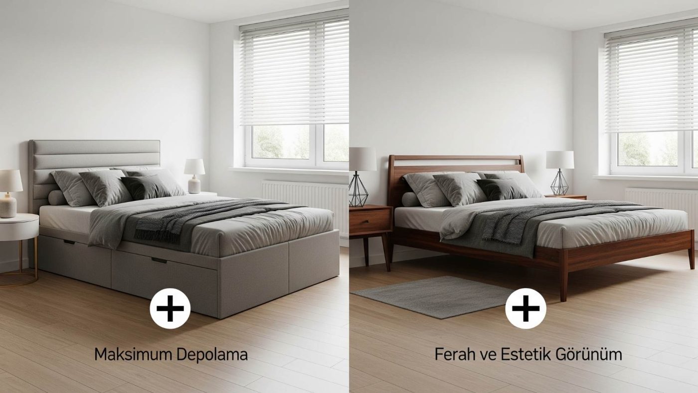 "Maksimum Depolama" ve "Ferah ve Estetik Görünüm" farkını gösteren, ortadan ikiye bölünmüş konsept görseli
