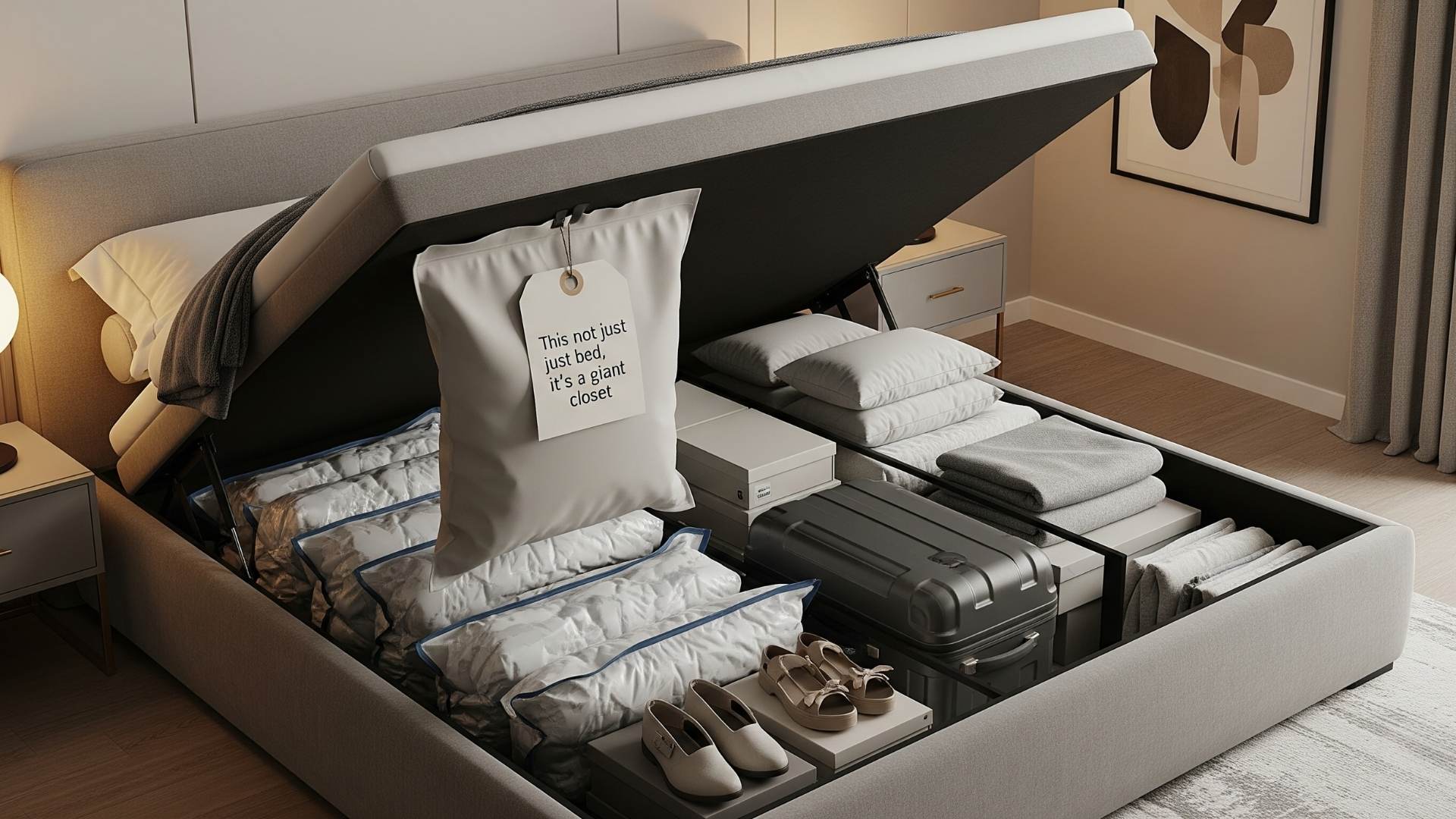 Şık bir yatak odasında, sandıklı bazanın kapağının tamamen açık olduğu ve içinin ne kadar düzenli ve ne kadar çok eşya alabildiğini gösteren bir fotoğraf.